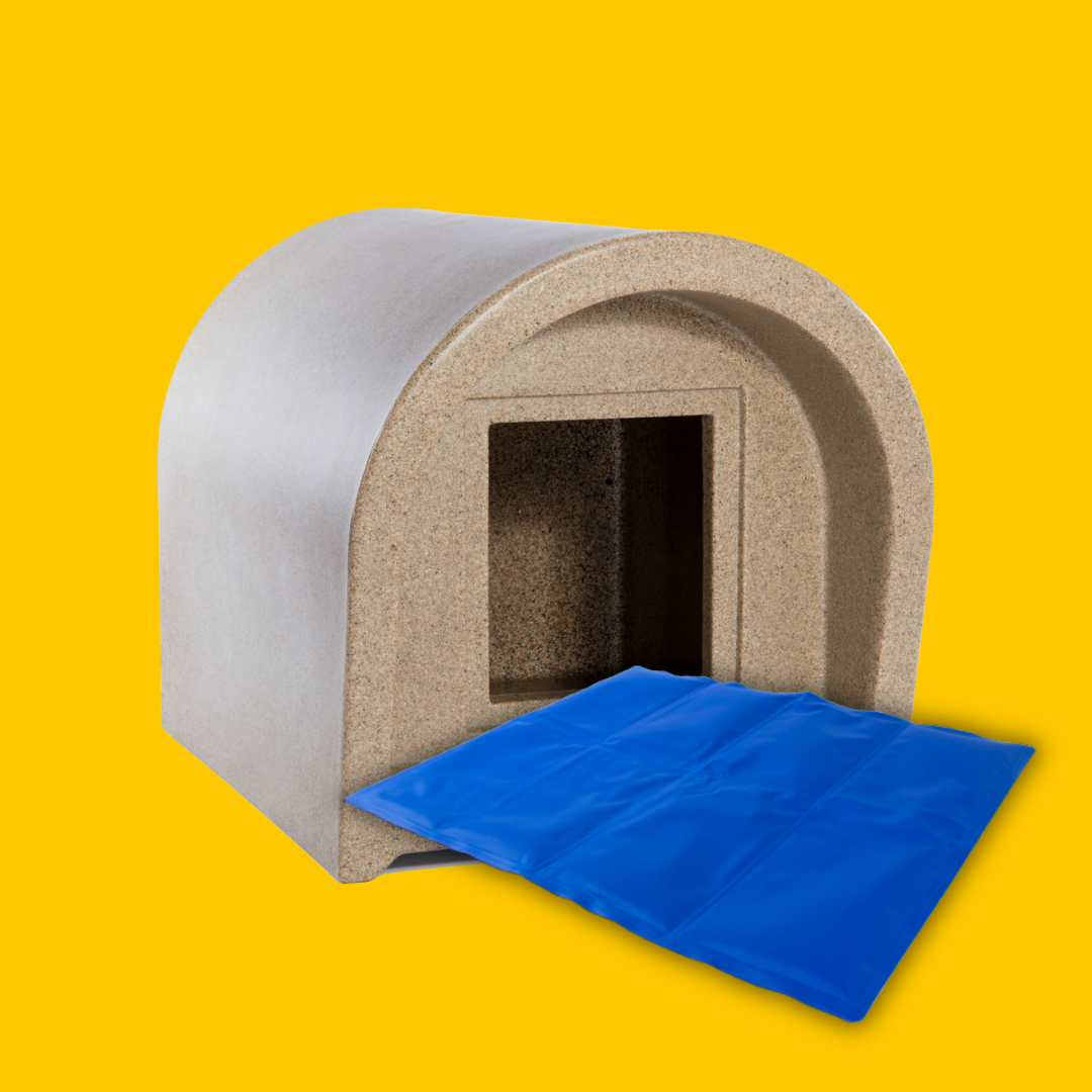 sandstone kitty cabin with cooling mat